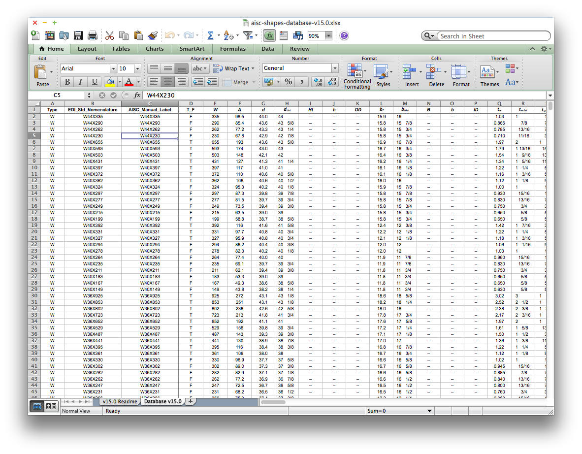 Figure 1 - Screencap of the AISC shapes database XLSX file, downloaded from the AISC website.