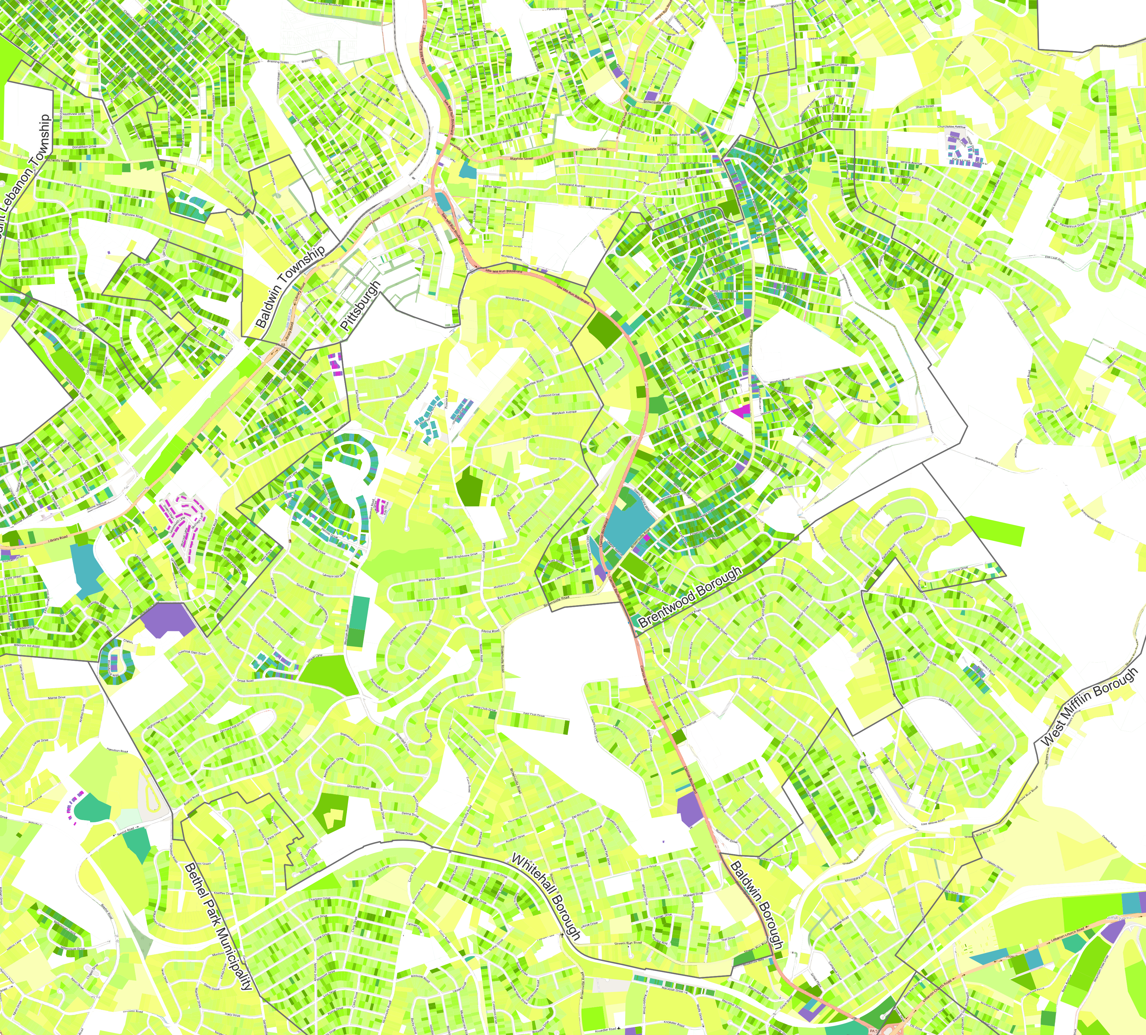 Figure 16 - Tax revenue heat map of Whitehall (left) and Brentwood (right). Note that Brentwood is significantly smaller than Whitehall.