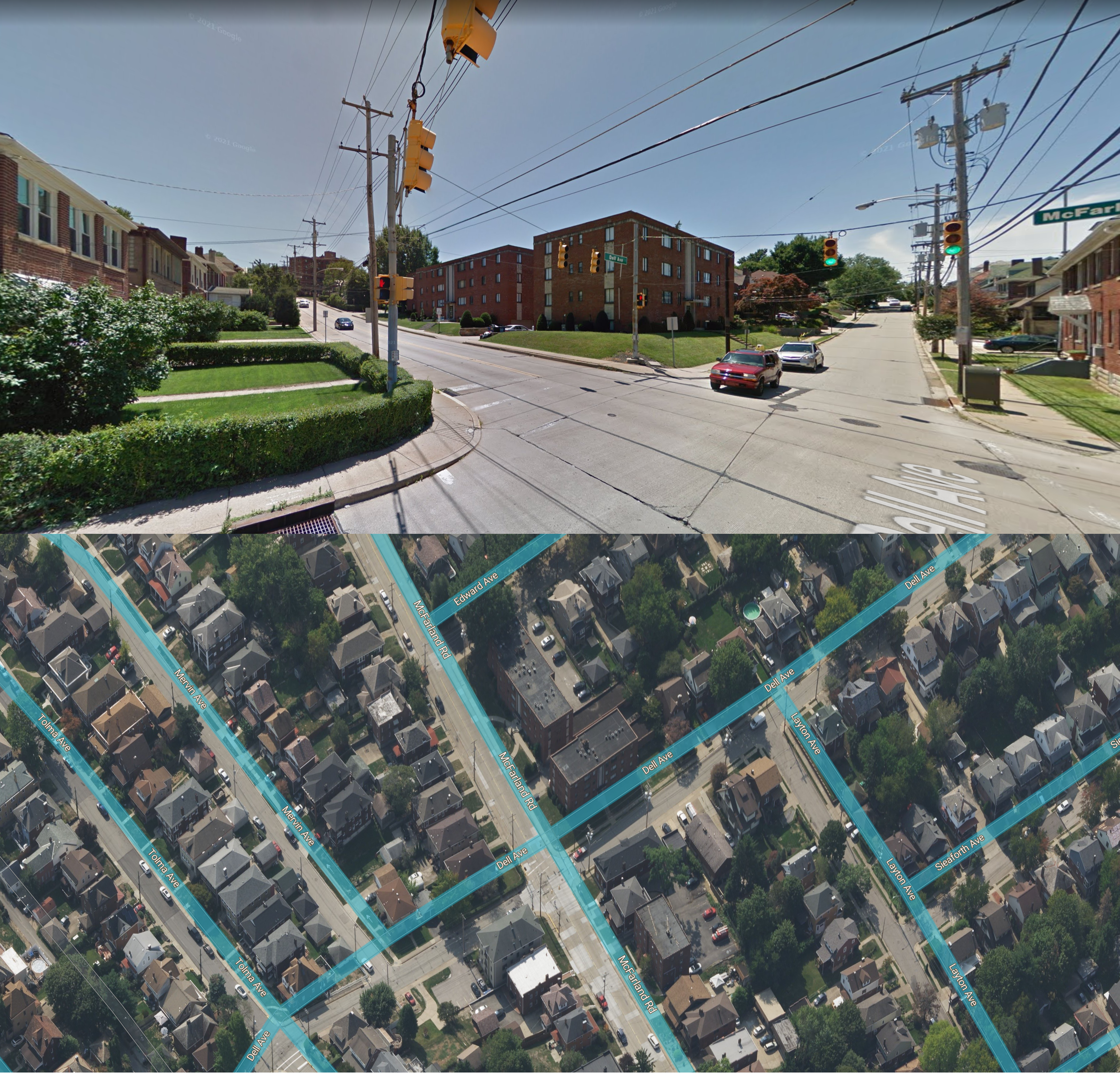 Figure 19 - Dell Avenue and McFarland Road. The boundary between Dormont and Mount Lebanon follow the sidewalk at the edge of McFarland Avenue. Isn't that obvious?