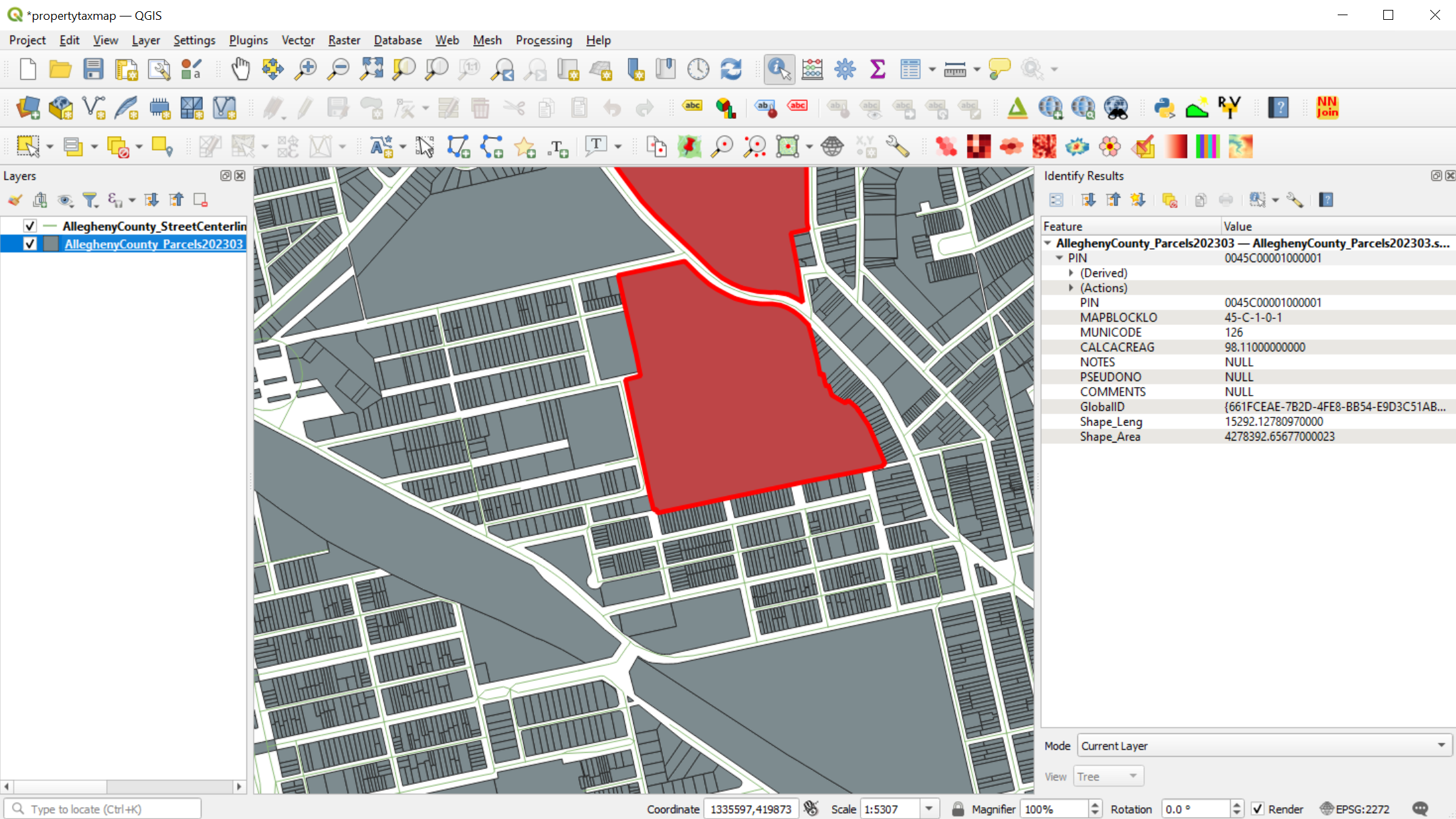 Figure 3 - Feature attributes to the tax parcel selected. We will use these properties as a reference because we are going to join an external source to it.