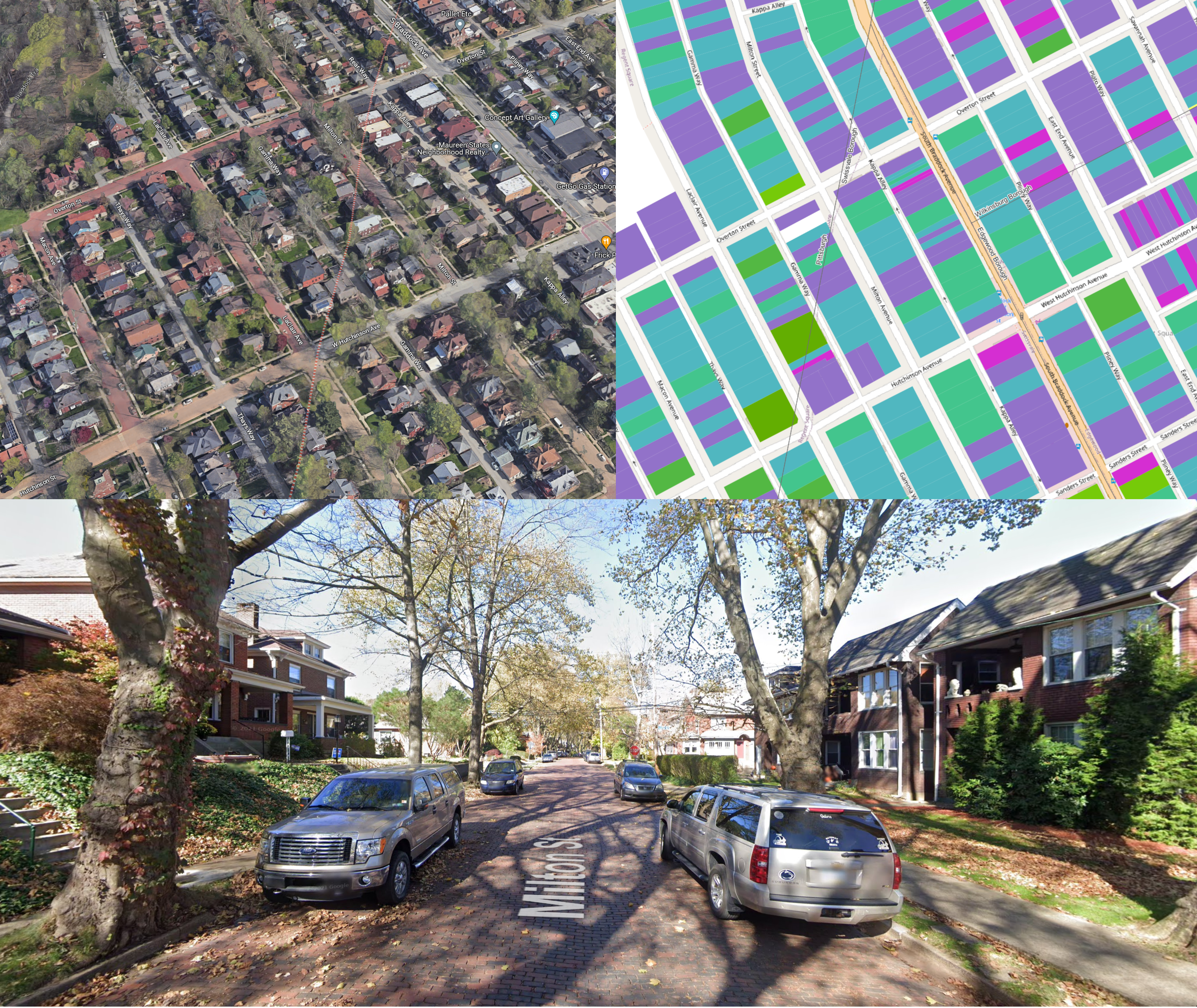 Figure 15 - Top left: Google 3D aerial view of the Regent Square area at the border of Swissvale and Wilkinsburg. Only the decision to pave over some brick roads stands out. Top Right: Heat map representing annual tax billing per square feet. Nearly all properties shown fit in the upper echelon in terms of value per square foot, and all three municipalities charge similar taxes. Bottom: Street view of Milton Street, looking from Swissvale towards Pittsburgh. Note that there is no noticable difference in terms of neighborhood quality at the street level.