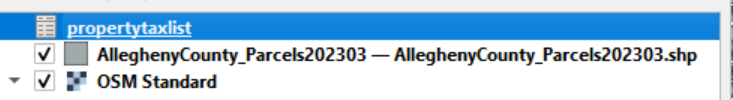 Figure 8 - The propertytaxlist CSV file will appear in the Layers panel despite nothing having changed on the map itself.