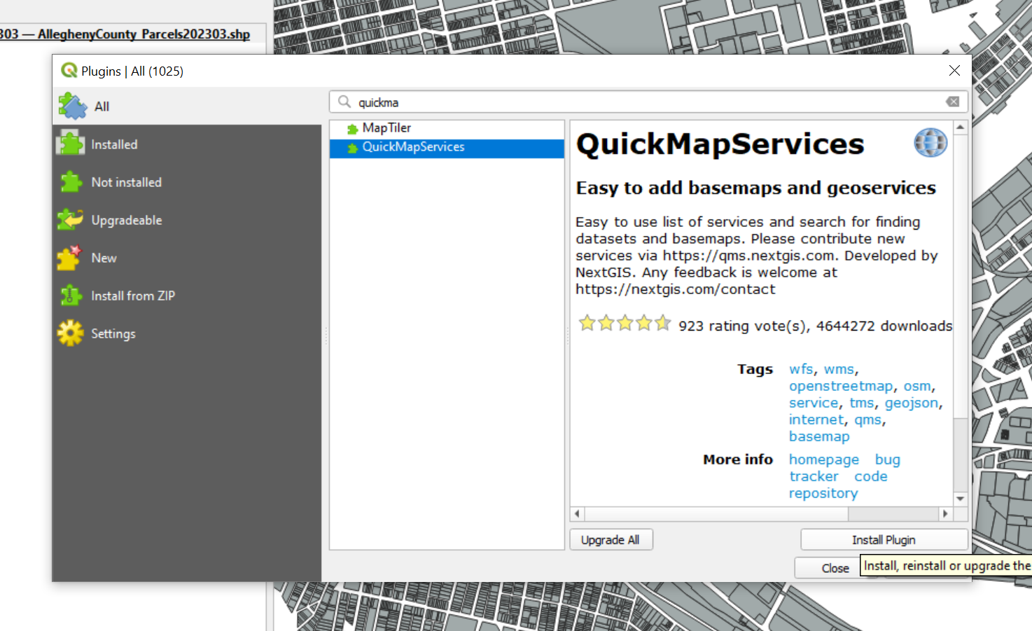 Figure 5 - Plugin installation of QuickMapServices.