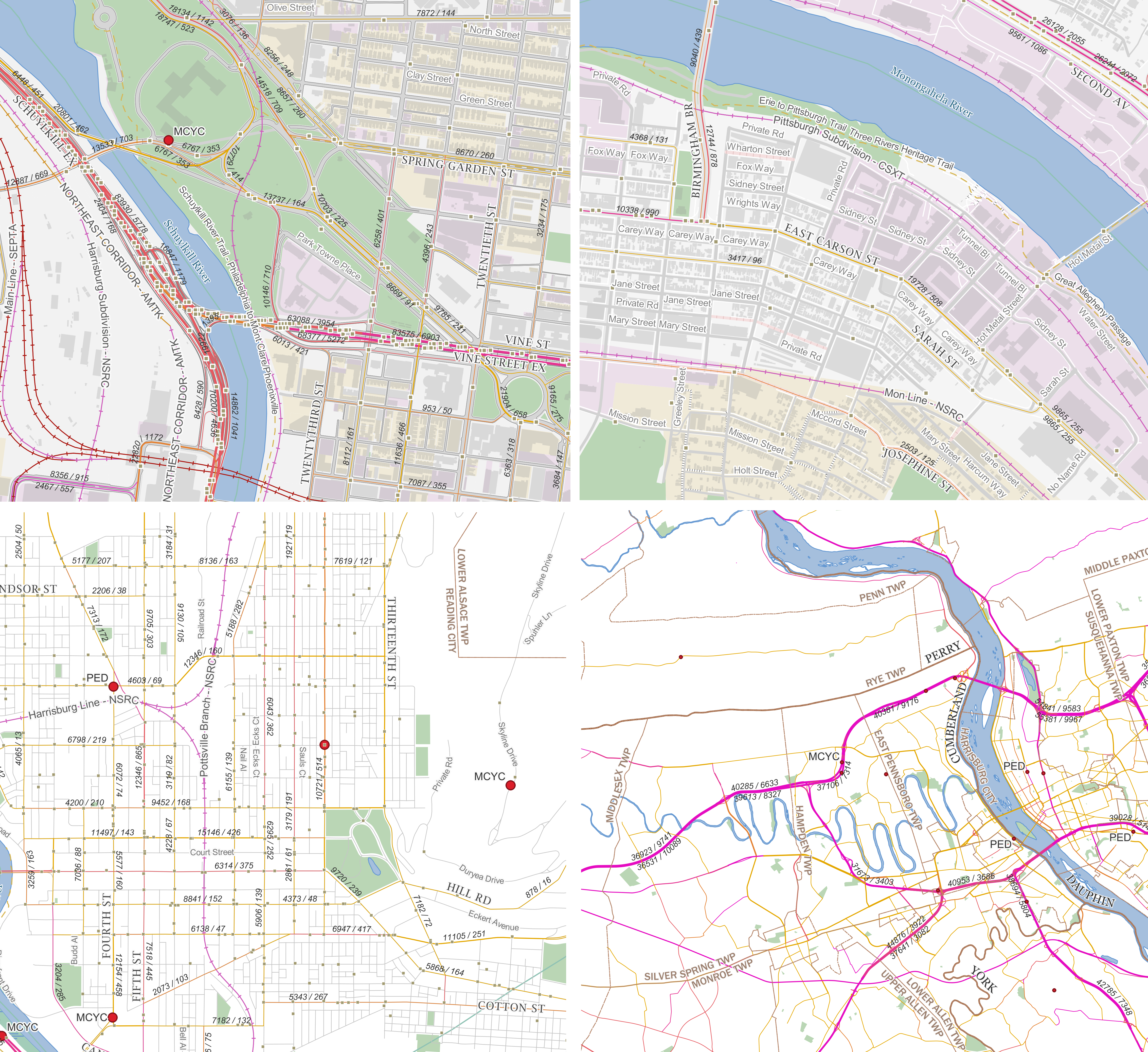 Figure 1 - Top Left: Map of the Schuykill Expressway interchange with Vine Street Expressway. A high number of non-fatal collisions occur in this short stretch of Highway. Top Right: High density development in Southside Flats in Pittsburgh. The low amount of traffic on Sarah Street suggest that the traffic on East Carson Street is mostly through traffic. Bottom Left: Car crashes in Reading, PA. Many fatal crashes, marked in red dots, in the city are either motorcycle or pedestrian collisions. Bottom Right: The purple bands of highway traffic around Harrisburg indicate that a large portion of truck traffic passes through the city.